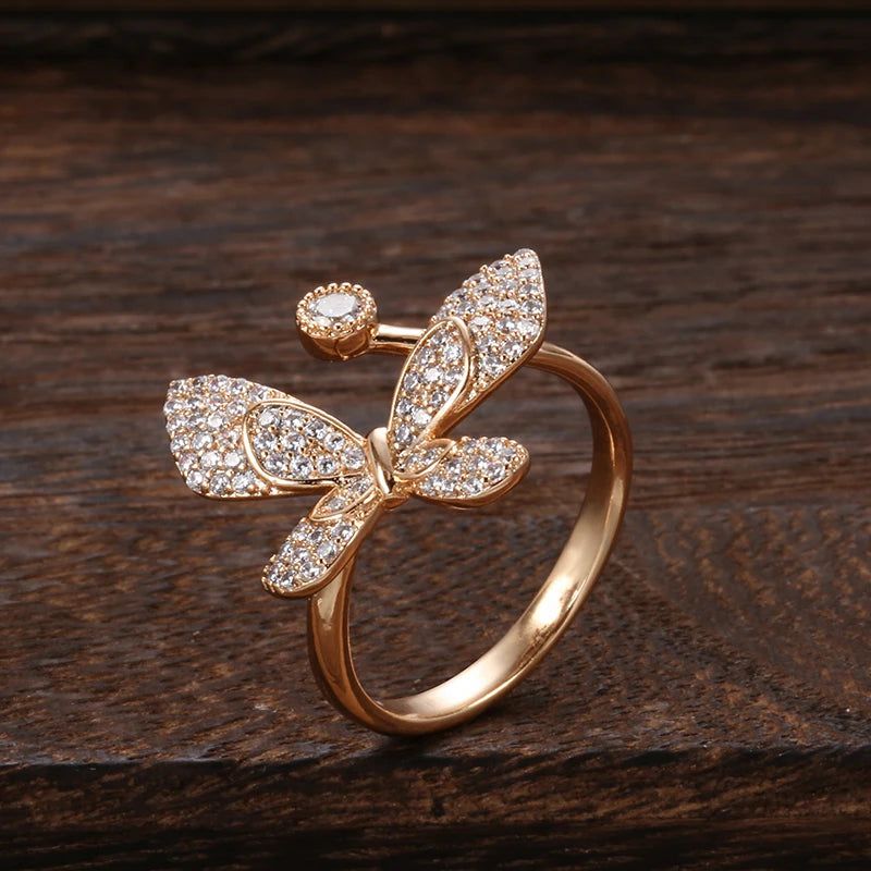 Stylish 585 Rose Gold Butterfly Cocktail Ring with Natural Zircon Accents