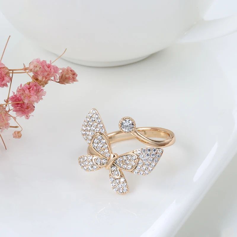 Stylish 585 Rose Gold Butterfly Cocktail Ring with Natural Zircon Accents