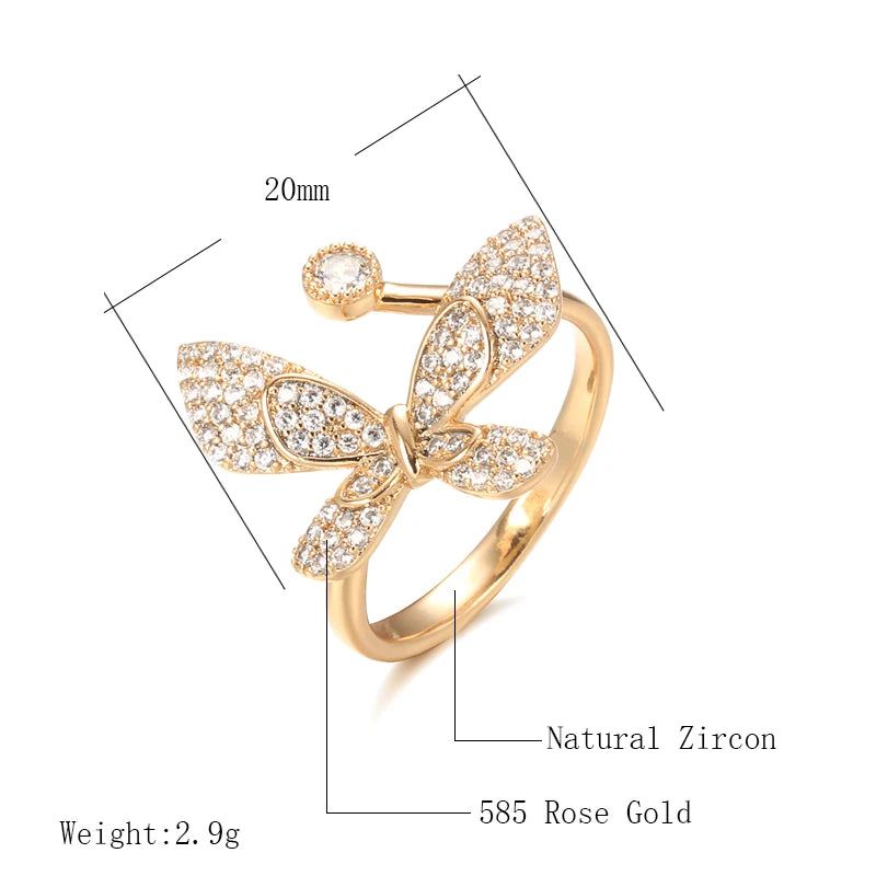 Stylish 585 Rose Gold Butterfly Cocktail Ring with Natural Zircon Accents