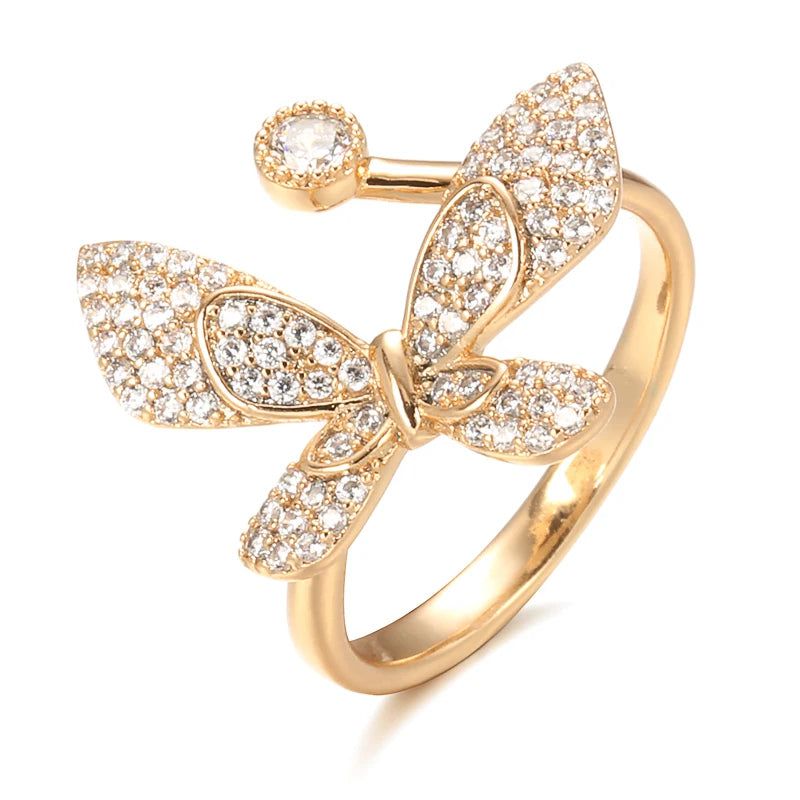 Stylish 585 Rose Gold Butterfly Cocktail Ring with Natural Zircon Accents