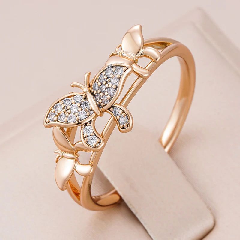 Stylish 585 Rose Gold Butterfly Ring with Micro Wax Inlay and Natural Zircon - Fashion Jewelry