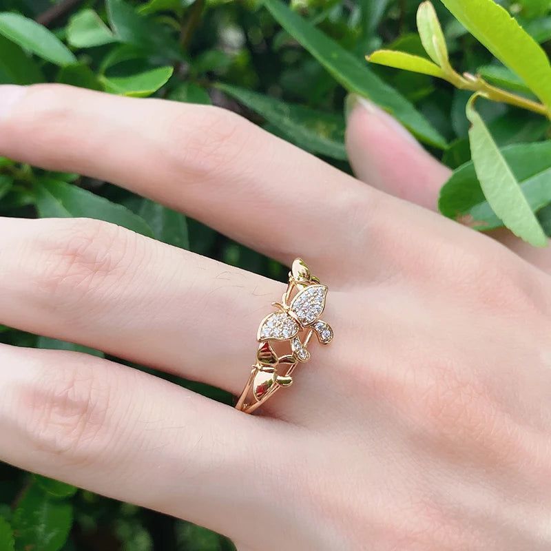 Stylish 585 Rose Gold Butterfly Ring with Micro Wax Inlay and Natural Zircon - Fashion Jewelry