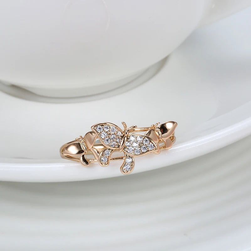 Stylish 585 Rose Gold Butterfly Ring with Micro Wax Inlay and Natural Zircon - Fashion Jewelry