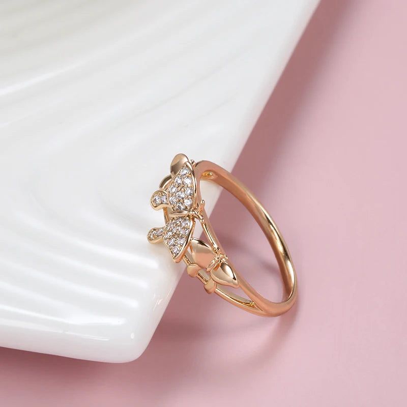 Stylish 585 Rose Gold Butterfly Ring with Micro Wax Inlay and Natural Zircon - Fashion Jewelry