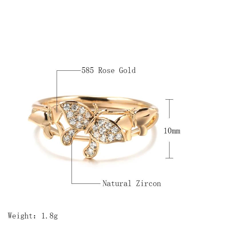 Stylish 585 Rose Gold Butterfly Ring with Micro Wax Inlay and Natural Zircon - Fashion Jewelry