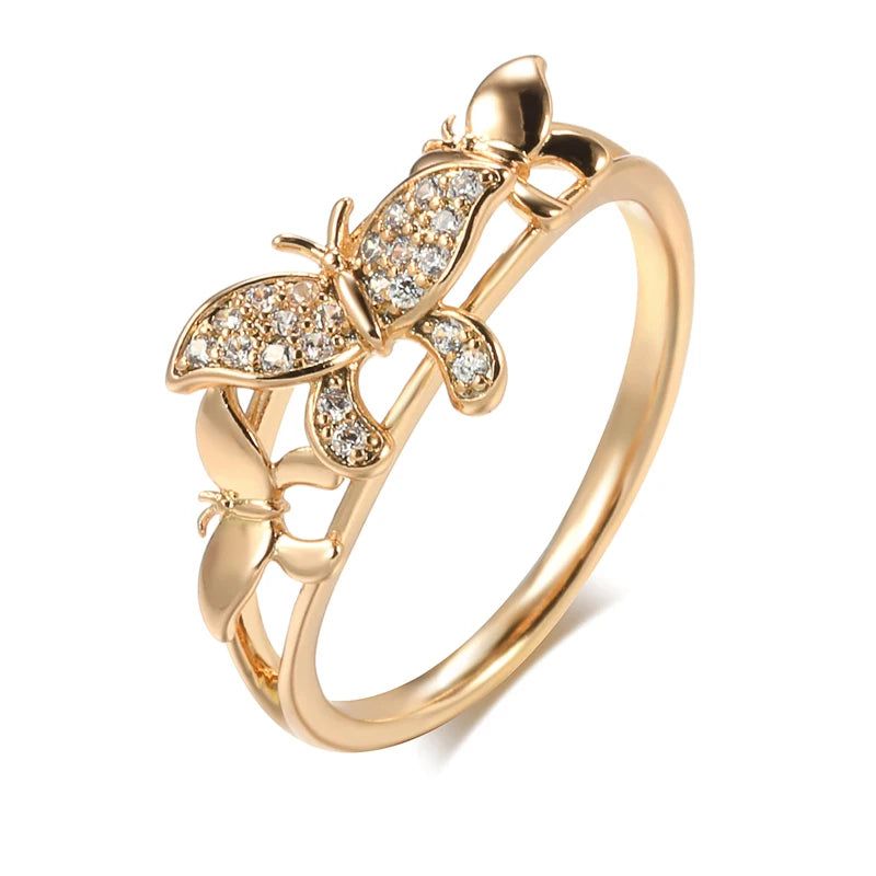 Stylish 585 Rose Gold Butterfly Ring with Micro Wax Inlay and Natural Zircon - Fashion Jewelry