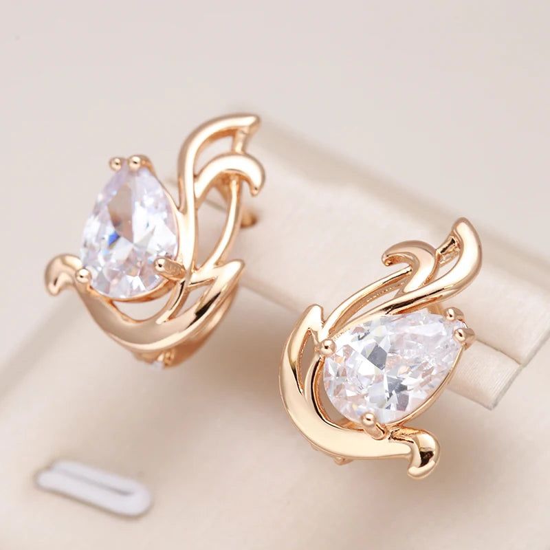 Stylish 585 Rose Gold Color Drop Earrings with Natural Zircon and Crystal Accents