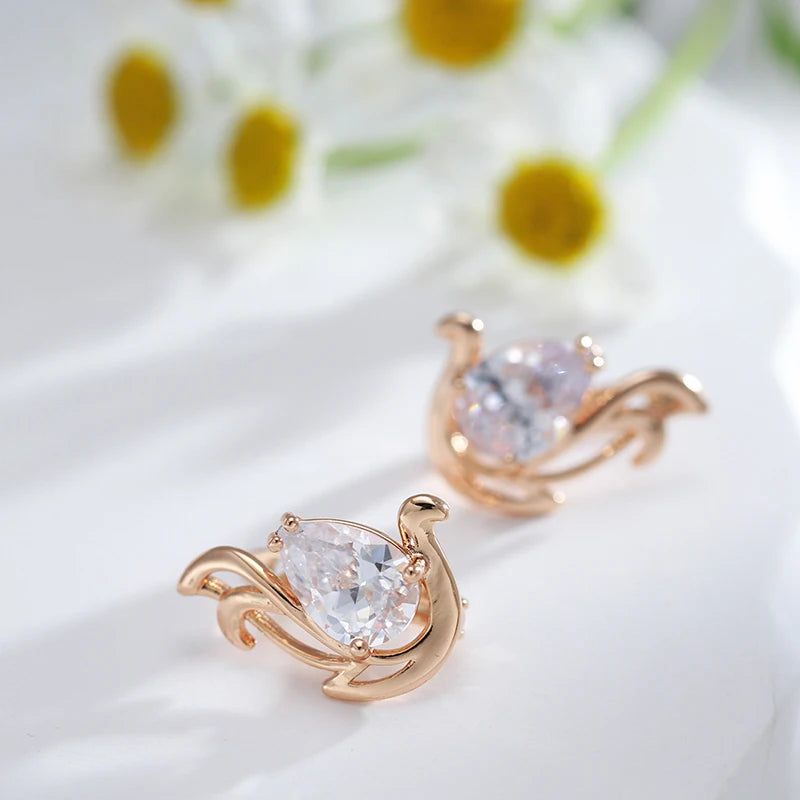 Stylish 585 Rose Gold Color Drop Earrings with Natural Zircon and Crystal Accents