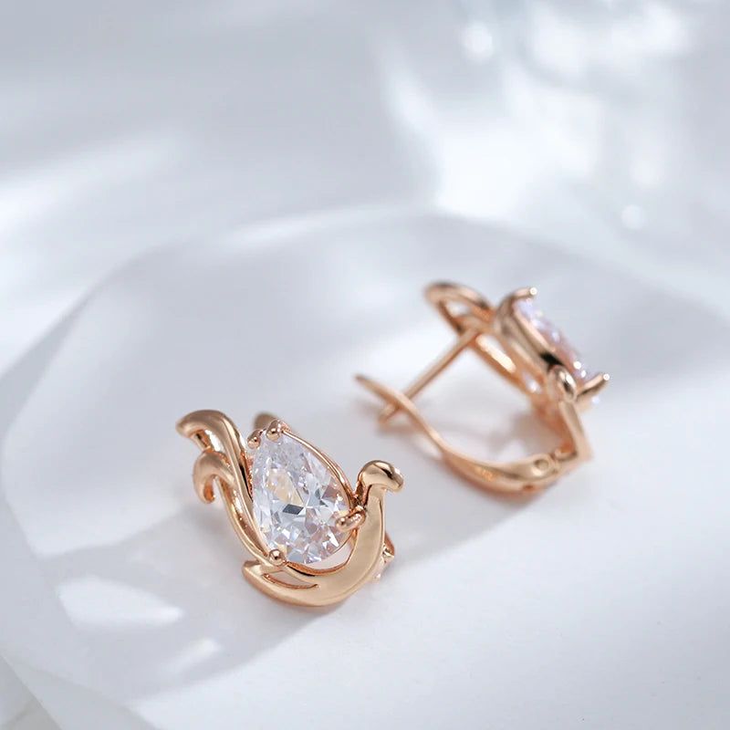 Stylish 585 Rose Gold Color Drop Earrings with Natural Zircon and Crystal Accents