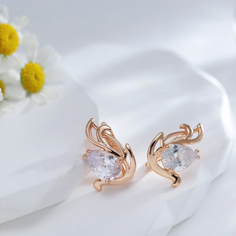 Stylish 585 Rose Gold Color Drop Earrings with Natural Zircon and Crystal Accents