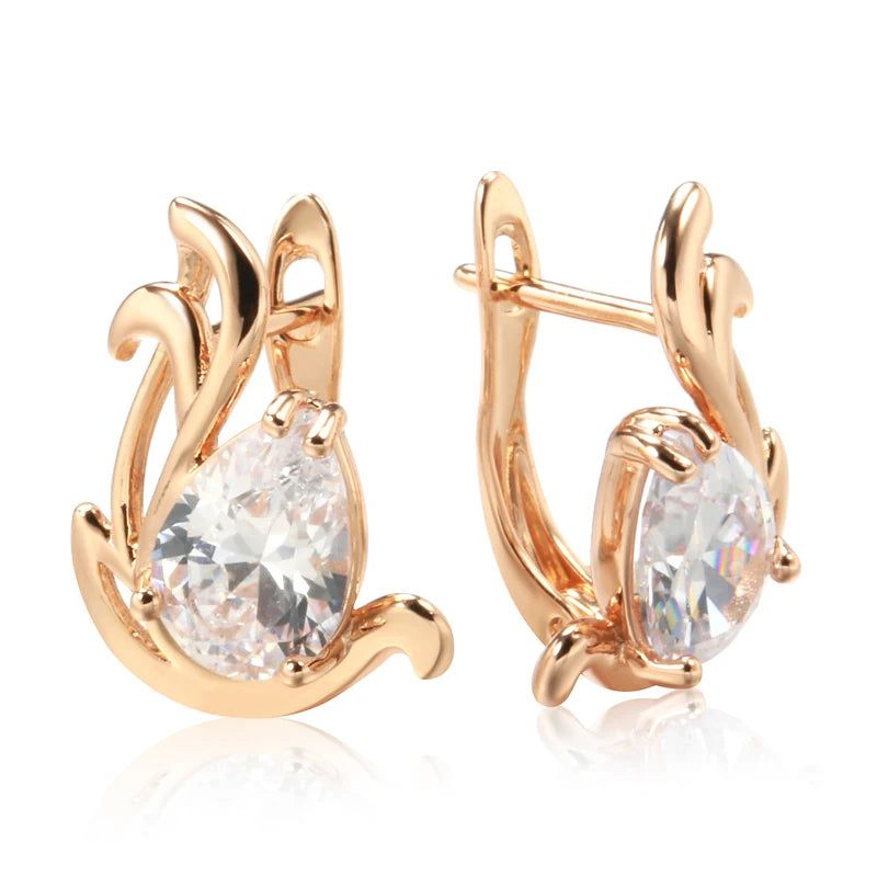 Stylish 585 Rose Gold Color Drop Earrings with Natural Zircon and Crystal Accents