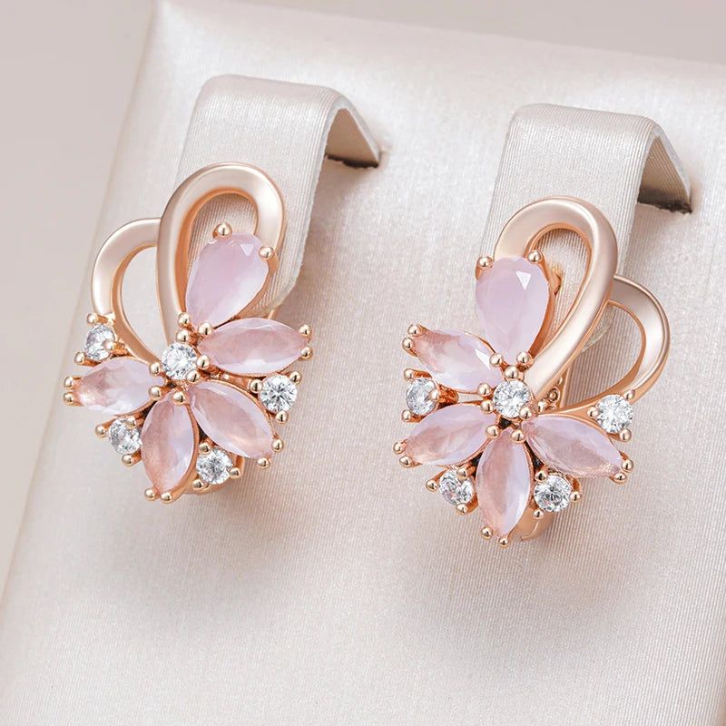 Stylish 585 Rose Gold Colored Drop Earrings with Pink Natural Zircon