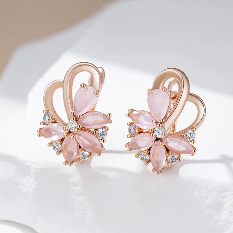 Stylish 585 Rose Gold Colored Drop Earrings with Pink Natural Zircon