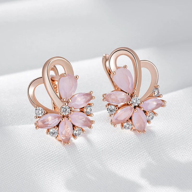 Stylish 585 Rose Gold Colored Drop Earrings with Pink Natural Zircon