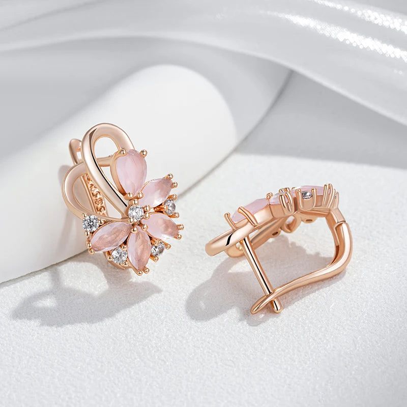 Stylish 585 Rose Gold Colored Drop Earrings with Pink Natural Zircon