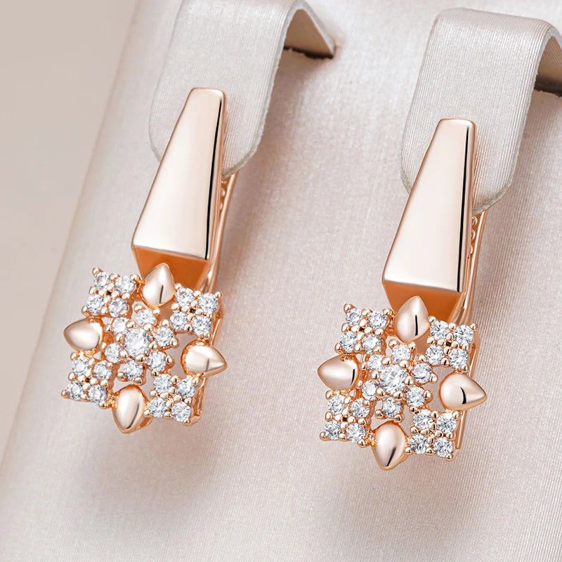 Stylish 585 Rose Gold Crystal Floral Drop Earrings with Natural Zircon Accents