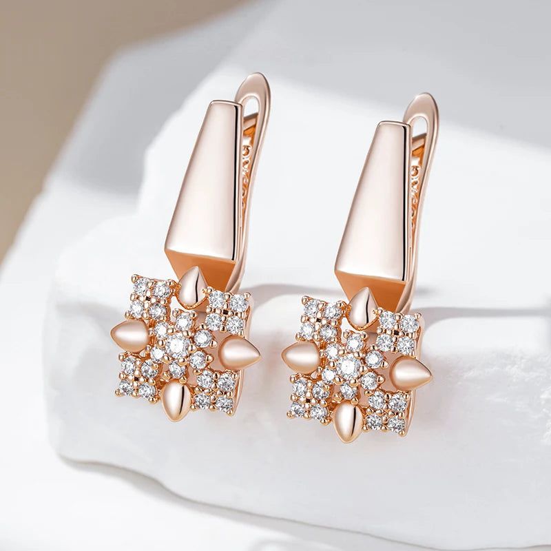 Stylish 585 Rose Gold Crystal Floral Drop Earrings with Natural Zircon Accents