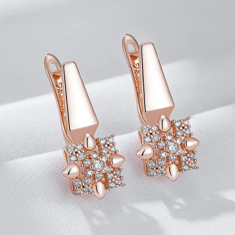 Stylish 585 Rose Gold Crystal Floral Drop Earrings with Natural Zircon Accents