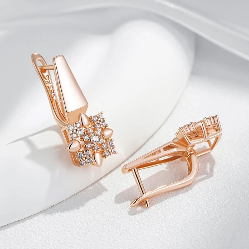 Stylish 585 Rose Gold Crystal Floral Drop Earrings with Natural Zircon Accents