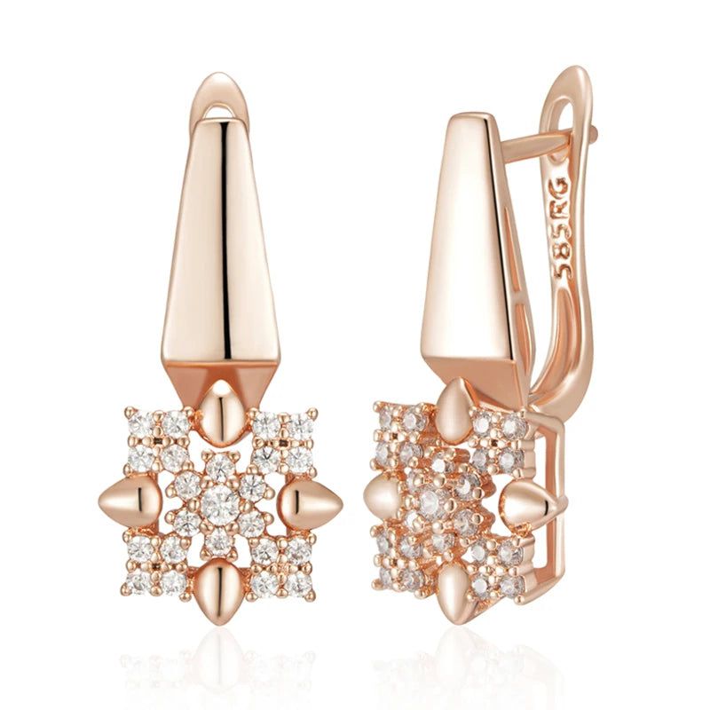 Stylish 585 Rose Gold Crystal Floral Drop Earrings with Natural Zircon Accents