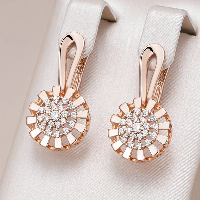 Stylish 585 Rose Gold Crystal Floral Drop Earrings with Natural Zircon Jewelry