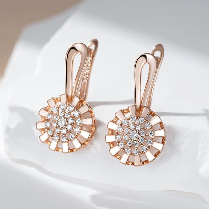 Stylish 585 Rose Gold Crystal Floral Drop Earrings with Natural Zircon Jewelry