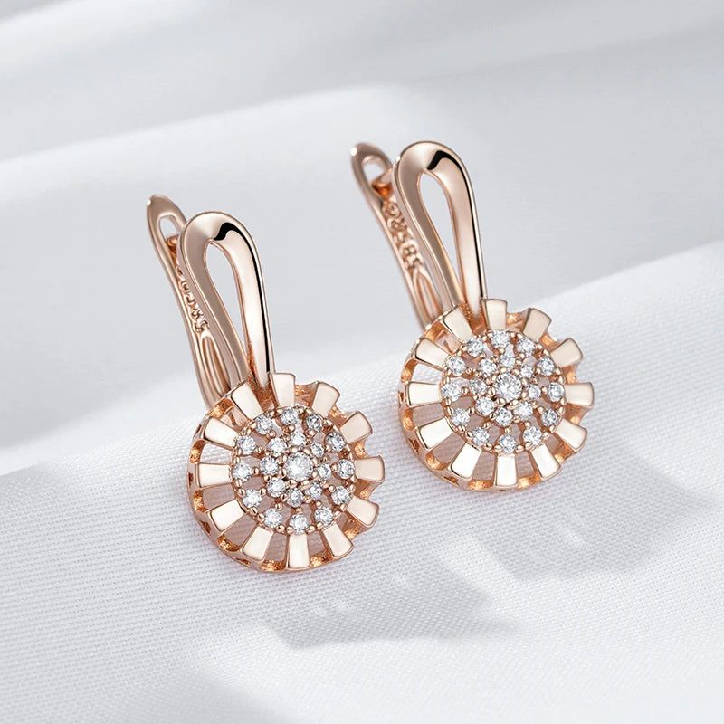 Stylish 585 Rose Gold Crystal Floral Drop Earrings with Natural Zircon Jewelry