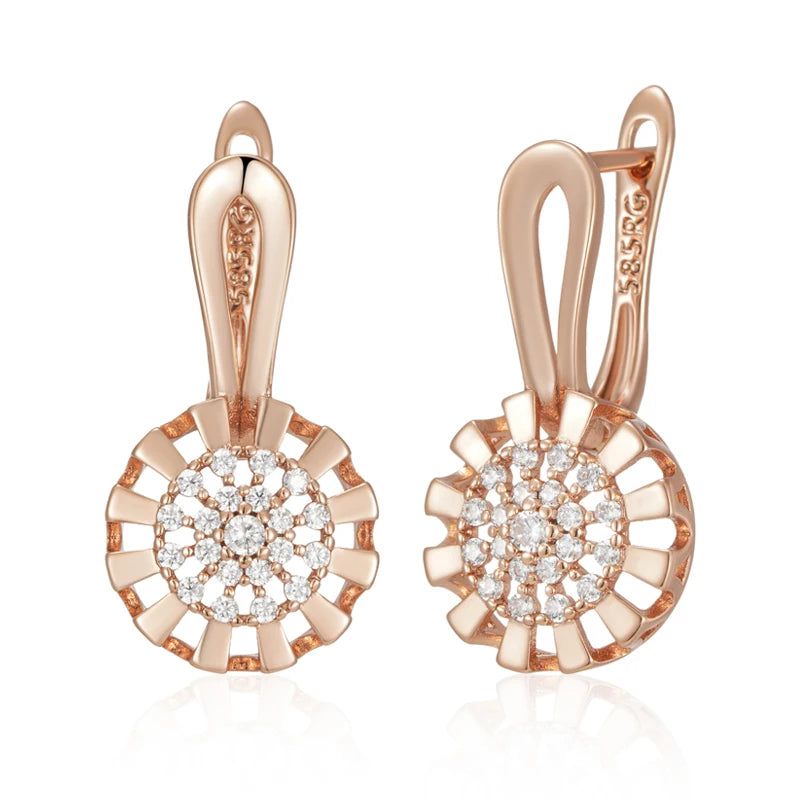 Stylish 585 Rose Gold Crystal Floral Drop Earrings with Natural Zircon Jewelry