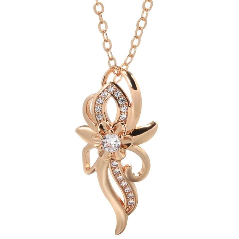 Stylish 585 Rose Gold Crystal Floral Pendant Necklace with Natural Zircon Accents