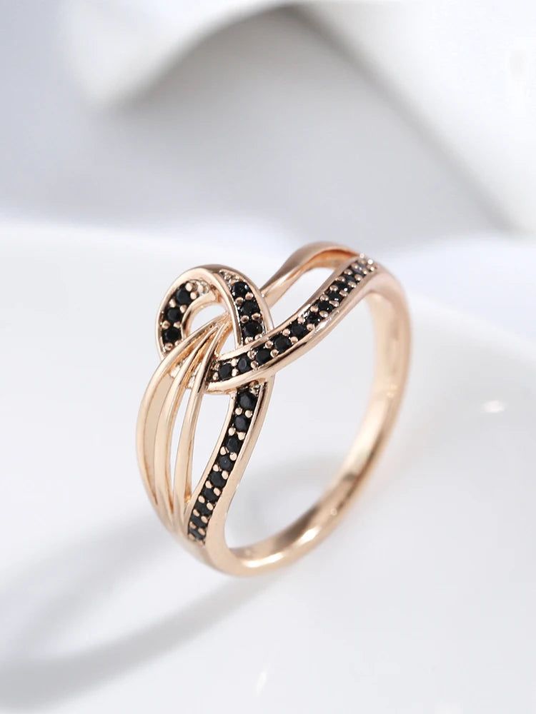 Stylish 585 Rose Gold Geometric Cross Ring with Black Natural Zircon - Vintage Fashion Jewelry