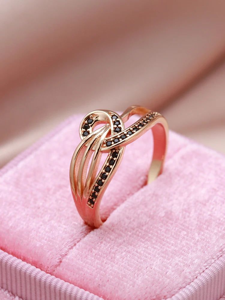 Stylish 585 Rose Gold Geometric Cross Ring with Black Natural Zircon - Vintage Fashion Jewelry