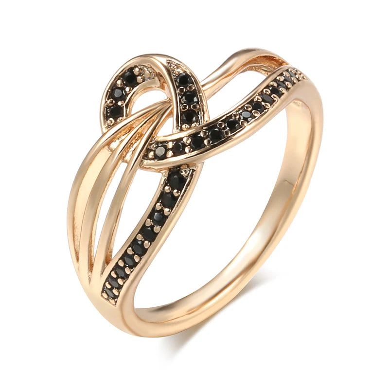 Stylish 585 Rose Gold Geometric Cross Ring with Black Natural Zircon - Vintage Fashion Jewelry