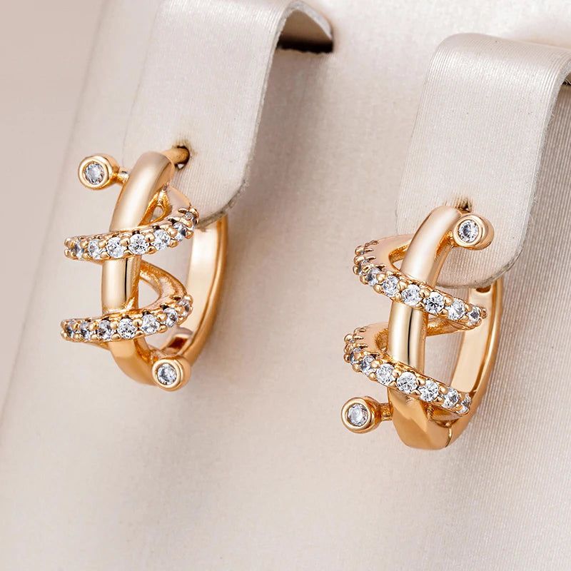 Stylish 585 Rose Gold Geometric Hoop Earrings with Dazzling Natural Zircon