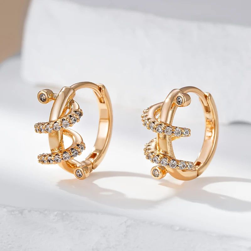 Stylish 585 Rose Gold Geometric Hoop Earrings with Dazzling Natural Zircon