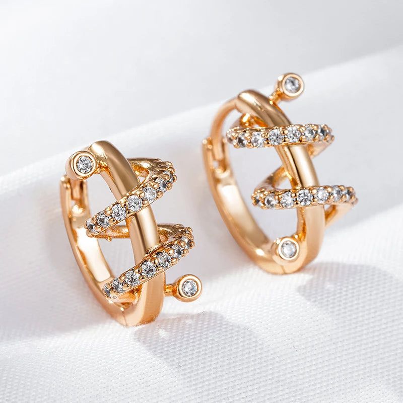 Stylish 585 Rose Gold Geometric Hoop Earrings with Dazzling Natural Zircon