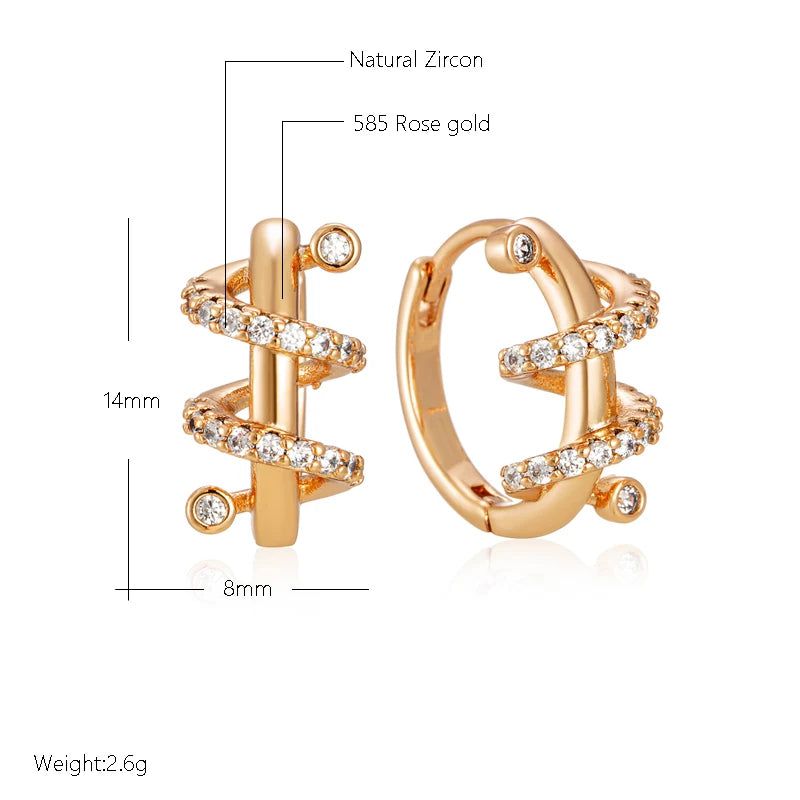 Stylish 585 Rose Gold Geometric Hoop Earrings with Dazzling Natural Zircon