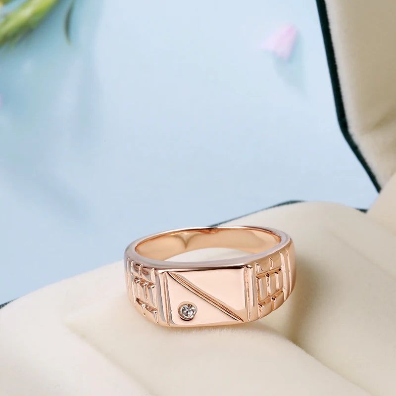 Stylish 585 Rose Gold Men's Square Ring with Natural Zircon Accents