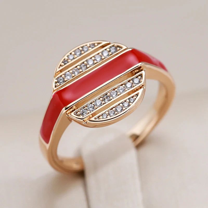 Stylish 585 Rose Gold Red Enamel Cocktail Ring with Natural Zircon Accents