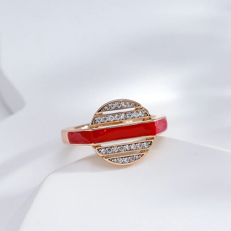 Stylish 585 Rose Gold Red Enamel Cocktail Ring with Natural Zircon Accents