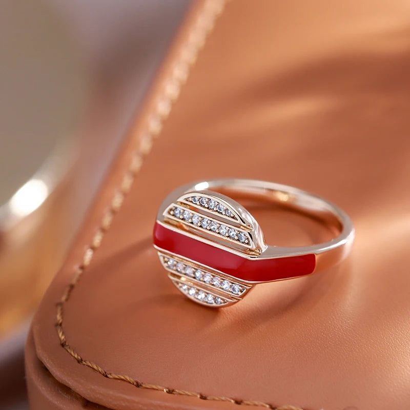 Stylish 585 Rose Gold Red Enamel Cocktail Ring with Natural Zircon Accents