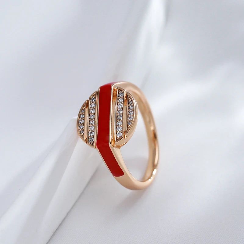 Stylish 585 Rose Gold Red Enamel Cocktail Ring with Natural Zircon Accents