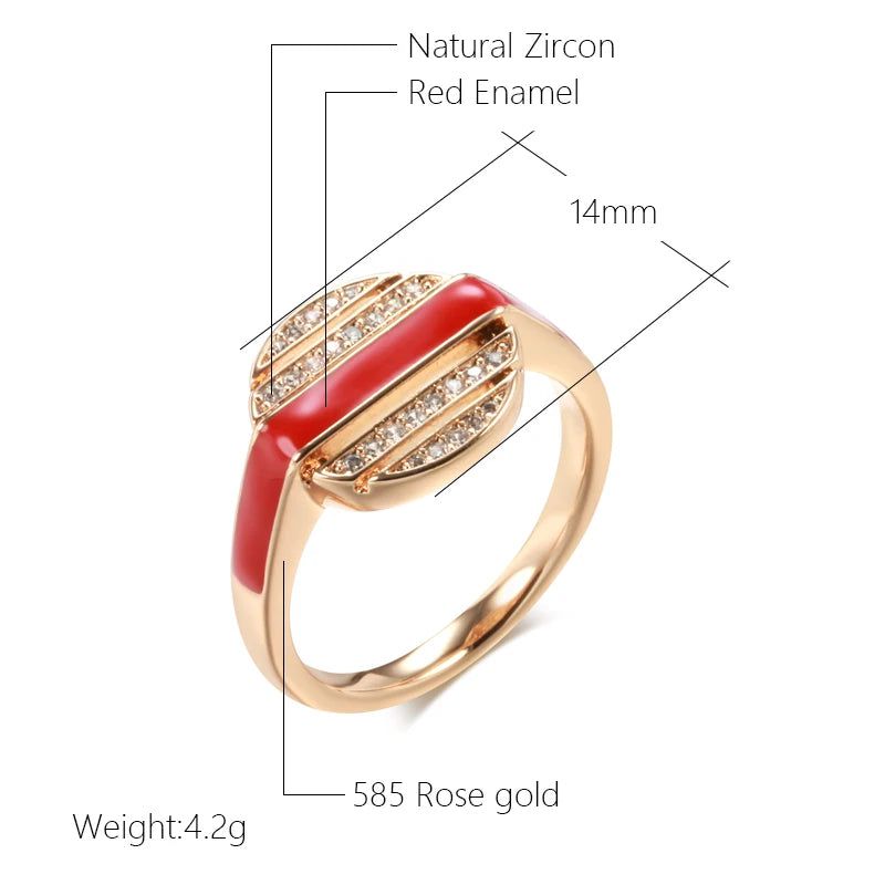 Stylish 585 Rose Gold Red Enamel Cocktail Ring with Natural Zircon Accents