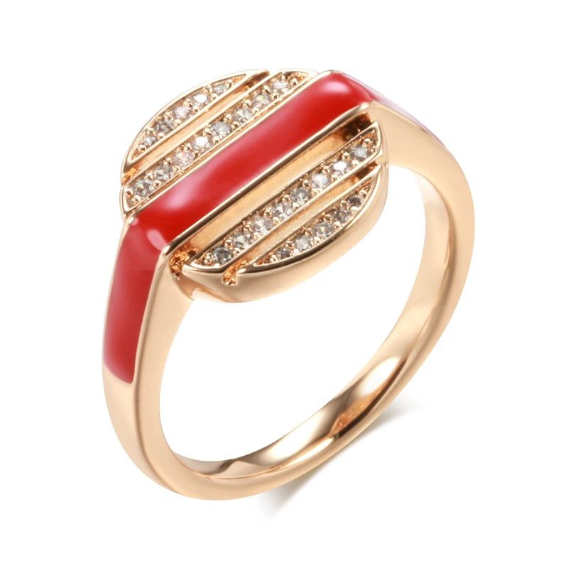 Stylish 585 Rose Gold Red Enamel Cocktail Ring with Natural Zircon Accents