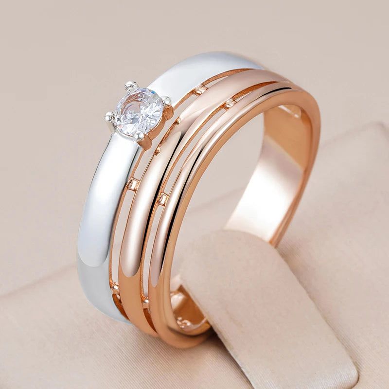 Stylish 585 Rose Gold & Silver Natural Zircon Wide Cocktail Ring