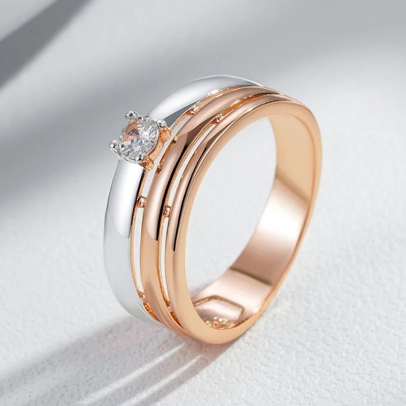 Stylish 585 Rose Gold & Silver Natural Zircon Wide Cocktail Ring