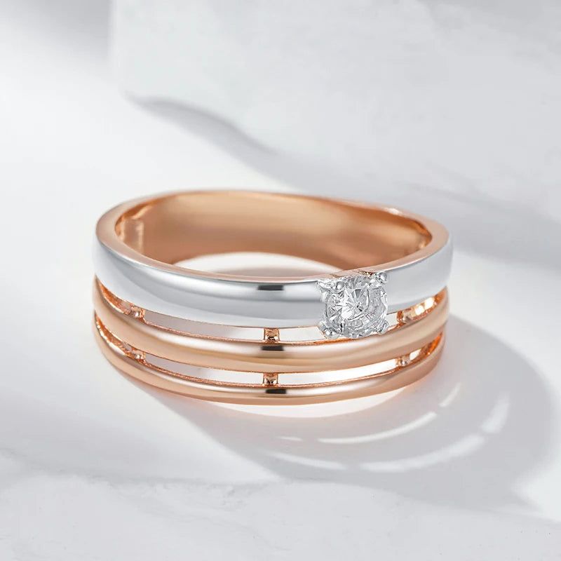 Stylish 585 Rose Gold & Silver Natural Zircon Wide Cocktail Ring