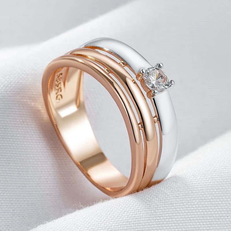 Stylish 585 Rose Gold & Silver Natural Zircon Wide Cocktail Ring