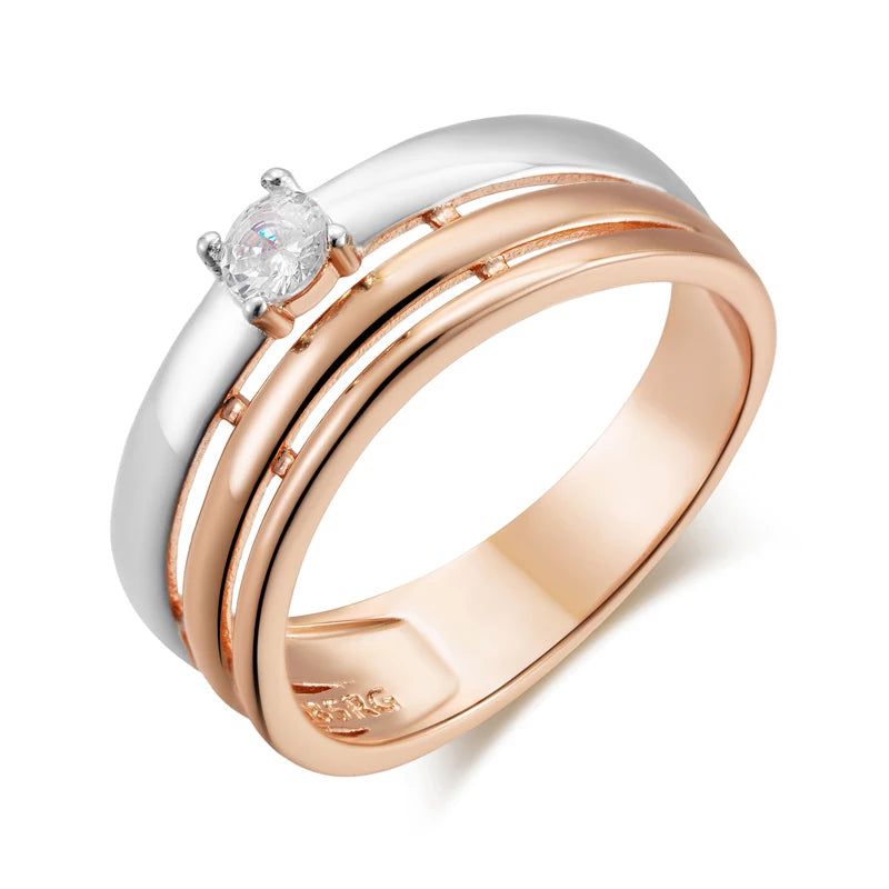 Stylish 585 Rose Gold & Silver Natural Zircon Wide Cocktail Ring