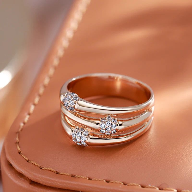 Stylish 585 Rose Gold Wide Cocktail Ring with Natural Zircon - Modern Fashion Jewelry