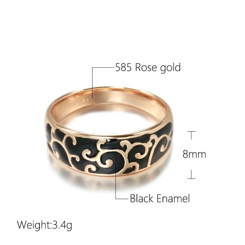 Stylish 585 Rose Gold and Black Enamel Geometric Cocktail Ring